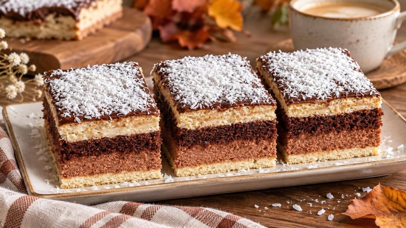 Naminis „Bounty“ tortas stačiakampėje formoje: purus kokosas ir sodrus ganache